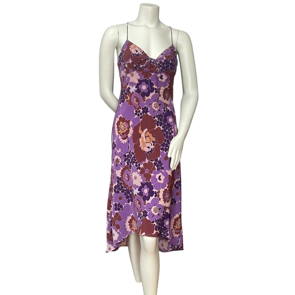 Express Slip Dress Y2K Floral Retro Print Strappy Criss Cross High Low Purple